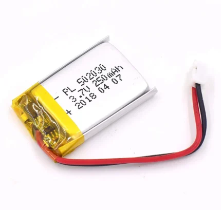 THOR 502030 3.7V 250mAh lithium polymer battery with PCM protection, red and black lead wires, and 2-pin connector