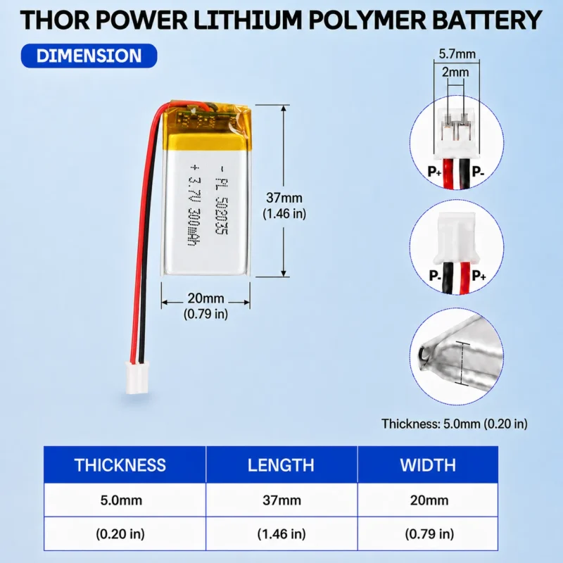 THOR 502035 3.7V 300mAh LiPo battery dimension drawing showing T×W×L = 5 × 20 × 37 mm (with PCM) and 2-pin connector polarity