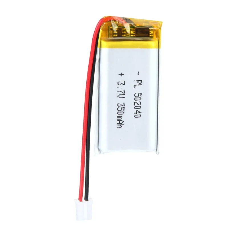 THOR 502040 3.7V 350mAh lithium polymer battery with PCM protection, red and black lead wires, and 2-pin connector