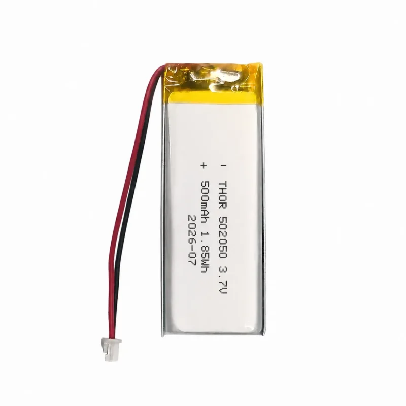 THOR 502050 3.7V 500mAh lithium polymer battery with PCM protection, red and black lead wires, and 2-pin connector