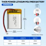 THOR 502530 3.7V 300mAh LiPo battery dimension drawing showing T×W×L = 5 × 25 × 32 mm (with PCM) and 2-pin connector polarity