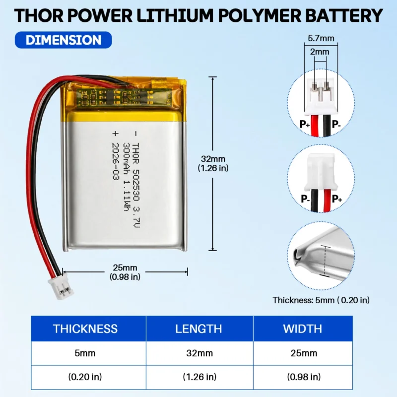 THOR 502530 3.7V 300mAh LiPo battery dimension drawing showing T×W×L = 5 × 25 × 32 mm (with PCM) and 2-pin connector polarity