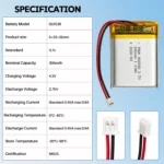 THOR 502530 3.7V 300mAh lithium polymer battery specifications with dimensions and connector details