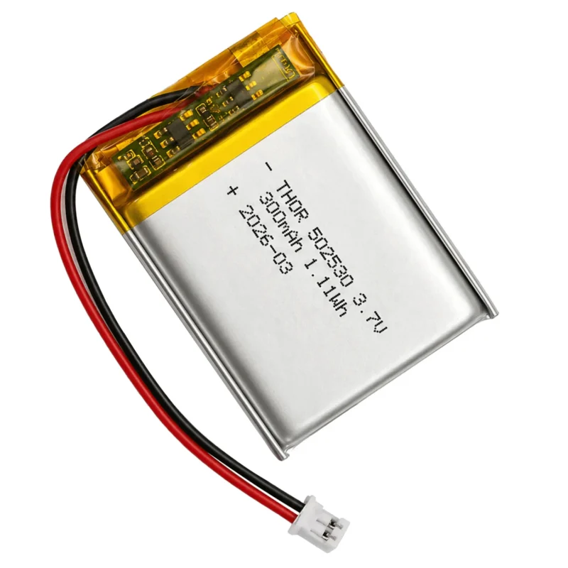 THOR 502530 3.7V 300mAh lithium polymer battery with PCM protection, red and black lead wires, and 2-pin connector