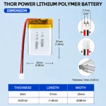 THOR 502535 3.7V 450mAh LiPo battery dimension drawing showing T×W×L = 5.0 × 25 × 37 mm (with PCM) and 2-pin connector polarity