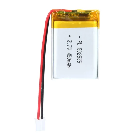THOR 502535 3.7V 450mAh lithium polymer battery with PCM protection, red and black lead wires, and 2-pin connector