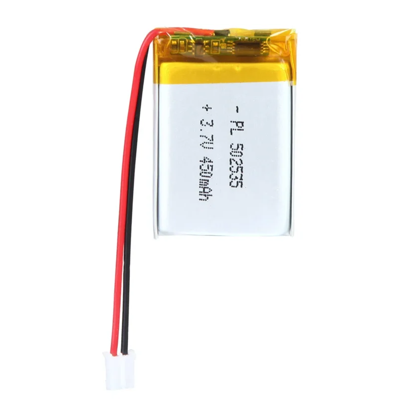 THOR 502535 3.7V 450mAh lithium polymer battery with PCM protection, red and black lead wires, and 2-pin connector