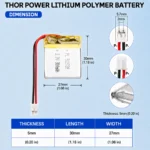 THOR 502728 3.7V 300mAh LiPo battery dimension drawing showing T×W×L = 5 × 27 × 30 mm (with PCM) and 2-pin connector polarity