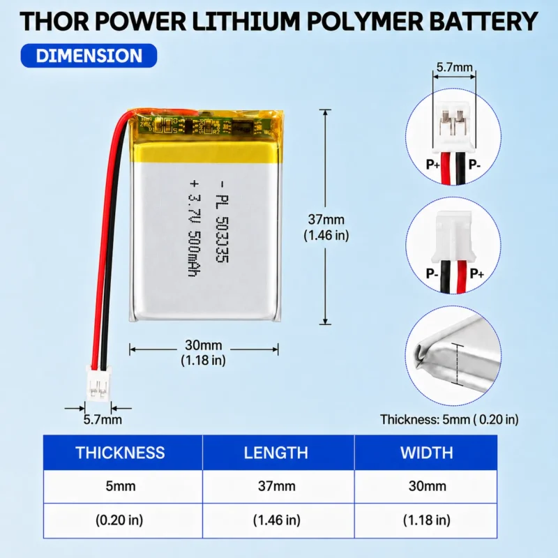 THOR 503035 3.7V 500mAh LiPo battery dimension drawing showing T×W×L = 5 × 30 × 37 mm (with PCM) and 2-pin connector polarity