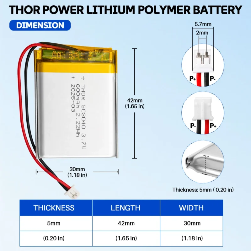 THOR 503040 3.7V 600mAh LiPo battery dimension drawing showing T×W×L = 5 × 30 × 42 mm (with PCM) and 2-pin connector polarity