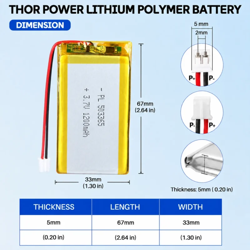 THOR 503365 3.7V 1200mAh LiPo battery dimension drawing showing T×W×L = 5.0 × 33 × 67 mm (with PCM) and 2-pin connector polarity