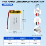 THOR 503550 3.7V 1000mAh LiPo battery dimension drawing showing T×W×L = 5 × 35 × 52 mm (with PCM) and 2-pin connector polarity
