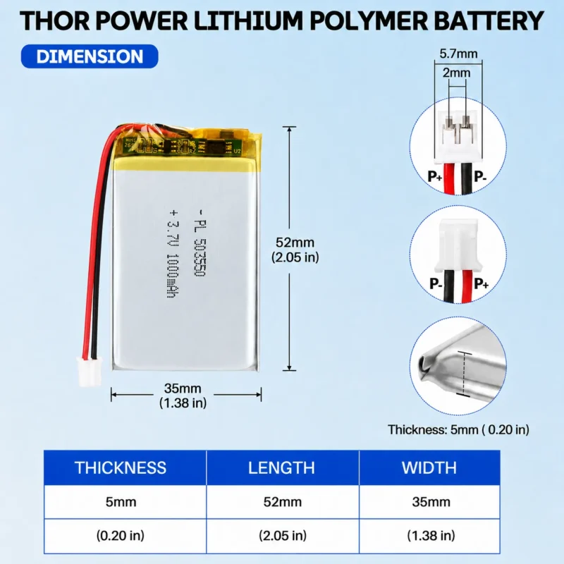 THOR 503550 3.7V 1000mAh LiPo battery dimension drawing showing T×W×L = 5 × 35 × 52 mm (with PCM) and 2-pin connector polarity