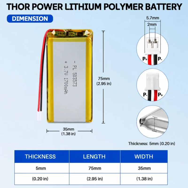 THOR 503573 3.7V 1700mAh LiPo battery dimension drawing showing T×W×L = 5 × 35 × 75 mm (with PCM) and 2-pin connector polarity
