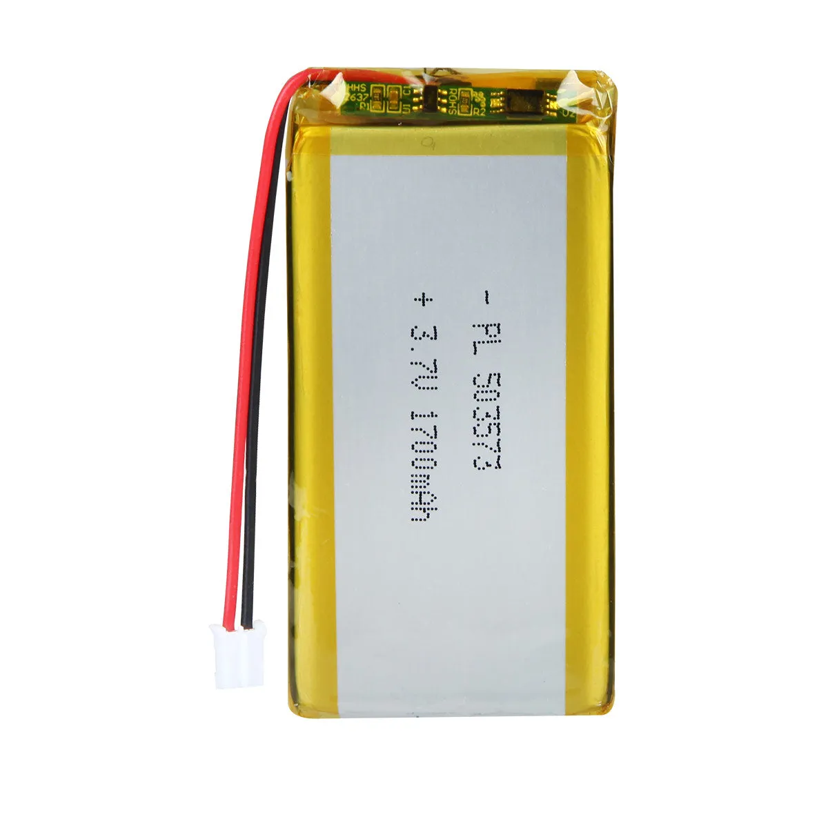 thor-503573-lithium-polymer-battery THOR 503573 3.7V 1700mAh lithium polymer battery with PCM protection, red and black lead wires, and 2-pin connector