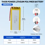 THOR 503583 3.7V 1600mAh LiPo battery dimension drawing showing T×W×L = 5 × 35 × 85 mm (with PCM) and 2-pin connector polarity