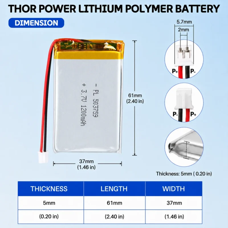 THOR 503759 3.7V 1200mAh LiPo battery dimension drawing showing T×W×L = 5.0 × 37 × 61 mm (with PCM) and 2-pin connector polarity