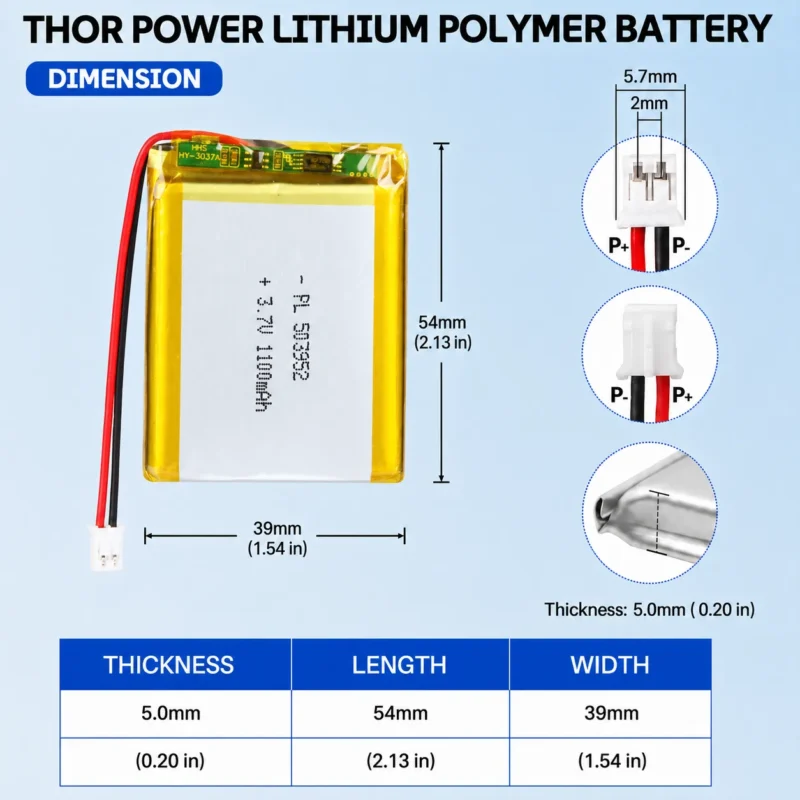 THOR 503952 3.7V 1100mAh LiPo battery dimension drawing showing T×W×L = 5 × 39 × 54 mm (with PCM) and 2-pin connector polarity