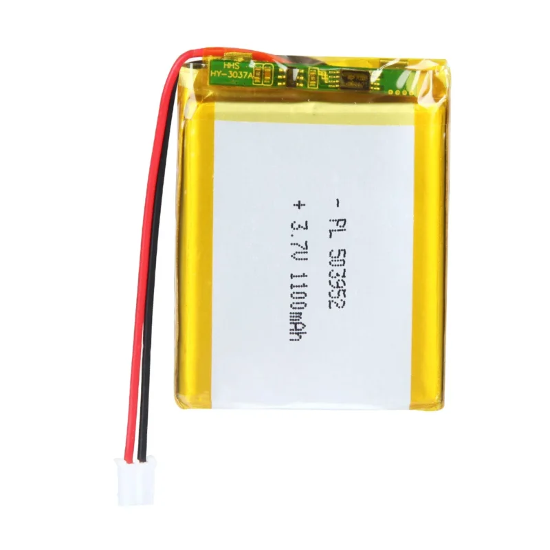 THOR 503952 3.7V 1100mAh lithium polymer battery with PCM protection, red and black lead wires, and 2-pin connector