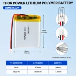 THOR 504040 3.7V 1000mAh LiPo battery dimension drawing showing T×W×L = 5.0 × 40 × 42 mm (with PCM) and 2-pin connector polarity