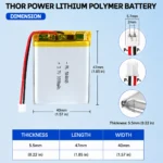 THOR 504045 3.7V 1000mAh LiPo battery dimension drawing showing T×W×L = 5.0 × 40 × 47 mm (with PCM) and 2-pin connector polarity
