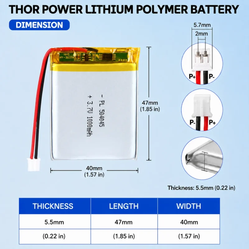 THOR 504045 3.7V 1000mAh LiPo battery dimension drawing showing T×W×L = 5.0 × 40 × 47 mm (with PCM) and 2-pin connector polarity