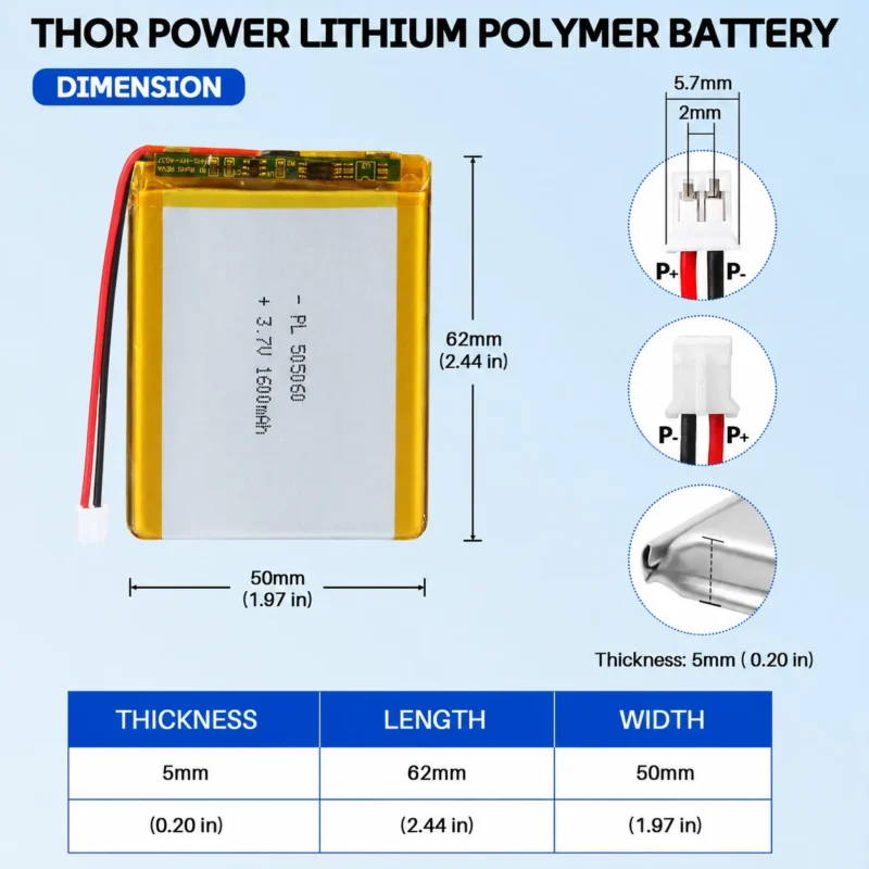 THOR 505060 3.7V 1600mAh LiPo battery dimension drawing showing T×W×L = 5.0 × 50 × 62 mm (with PCM) and 2-pin connector polarity