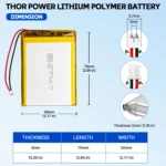 THOR 505573 3.7V 2500mAh LiPo battery dimension drawing showing T×W×L = 5.0 × 55 × 75 mm (with PCM) and 2-pin connector polarity