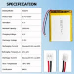 THOR 505573 3.7V 2500mAh lithium polymer battery specifications with dimensions and connector details