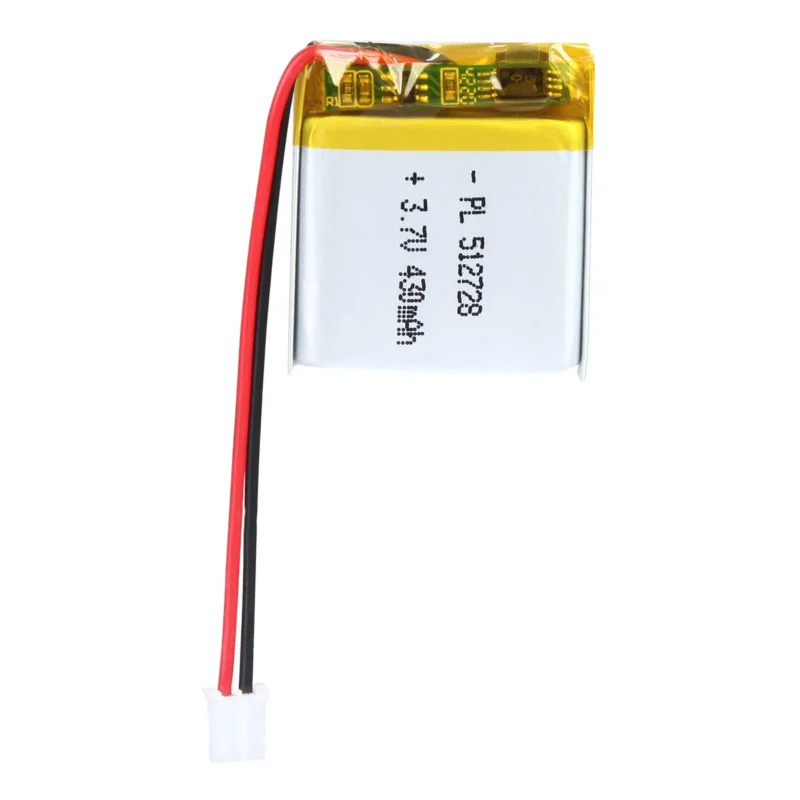 THOR 512728 3.7V 430mAh lithium polymer battery with PCM protection, red and black lead wires, and 2-pin connector