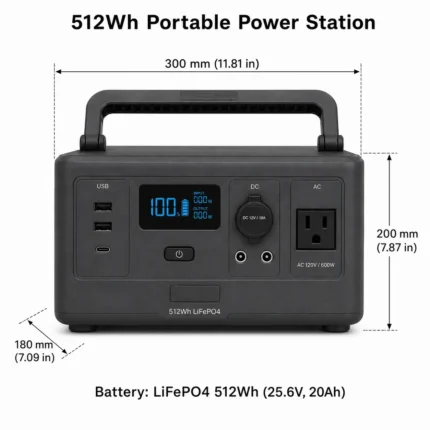 THOR Power 512Wh 600W LiFePO4 portable power station dimensions 300 x 180 x 200 mm