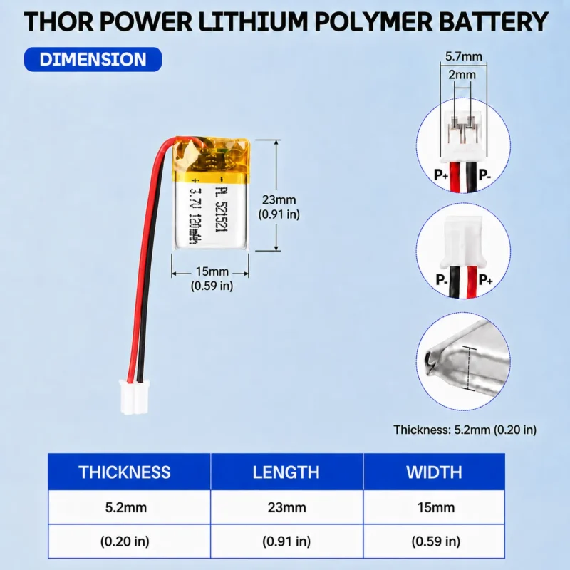 THOR 521521 3.7V 120mAh LiPo battery dimension drawing showing T×W×L = 5.2 × 15 × 23 mm (with PCM) and 2-pin connector polarity