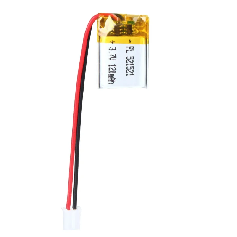 THOR 521521 3.7V 120mAh lithium polymer battery with PCM protection, red and black lead wires, and 2-pin connector