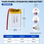 THOR 522332 3.7V 400mAh LiPo battery dimension drawing showing T×W×L = 5.2 × 23 × 34 mm (with PCM) and 2-pin connector polarity