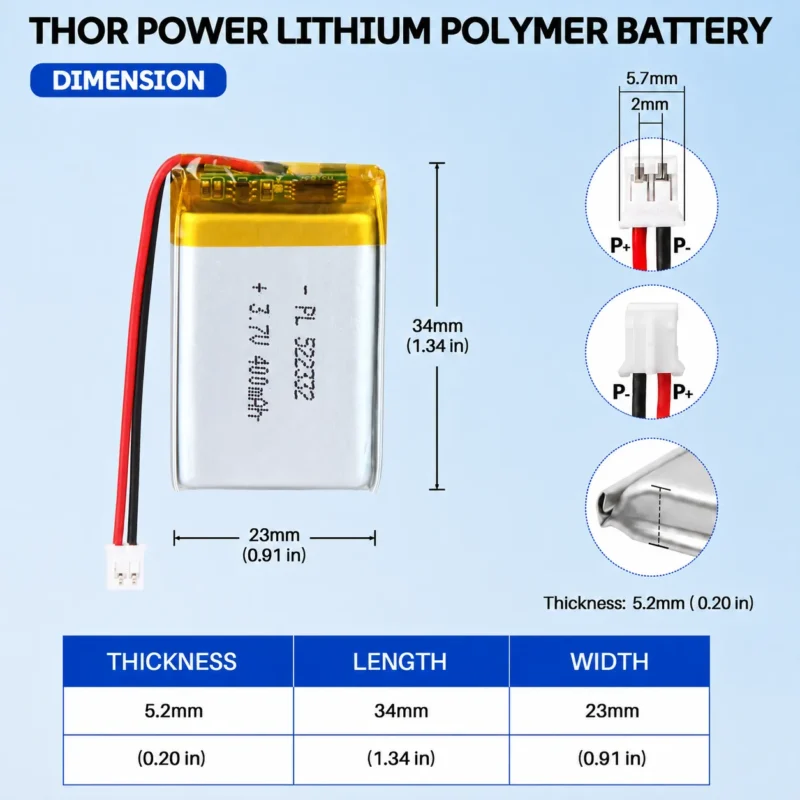THOR 522332 3.7V 400mAh LiPo battery dimension drawing showing T×W×L = 5.2 × 23 × 34 mm (with PCM) and 2-pin connector polarity