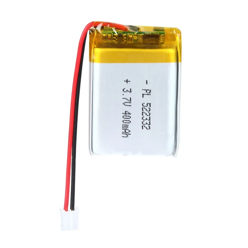 THOR 522332 3.7V 400mAh lithium polymer battery with PCM protection, red and black lead wires, and 2-pin connector