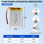 THOR 523450 3.7V 1000mAh LiPo battery dimension drawing showing T×W×L = 5.2 × 34 × 52 mm (with PCM) and 2-pin connector polarity