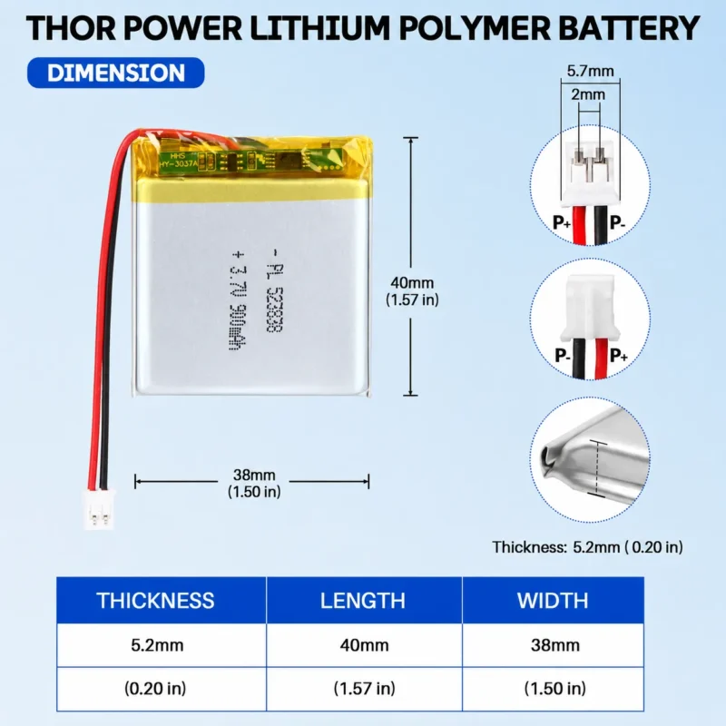 THOR 523838 3.7V 900mAh LiPo battery dimension drawing showing T×W×L = 5.2 × 38 × 40 mm (with PCM) and 2-pin connector polarity