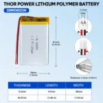 THOR 523959 3.7V 1100mAh LiPo battery dimension drawing showing T×W×L = 5.2 × 39 × 61 mm (with PCM) and 2-pin connector polarity