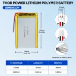 THOR 525085 3.7V 2000mAh LiPo battery dimension drawing showing T×W×L = 5.2 × 50 × 87 mm (with PCM) and 2-pin connector polarity