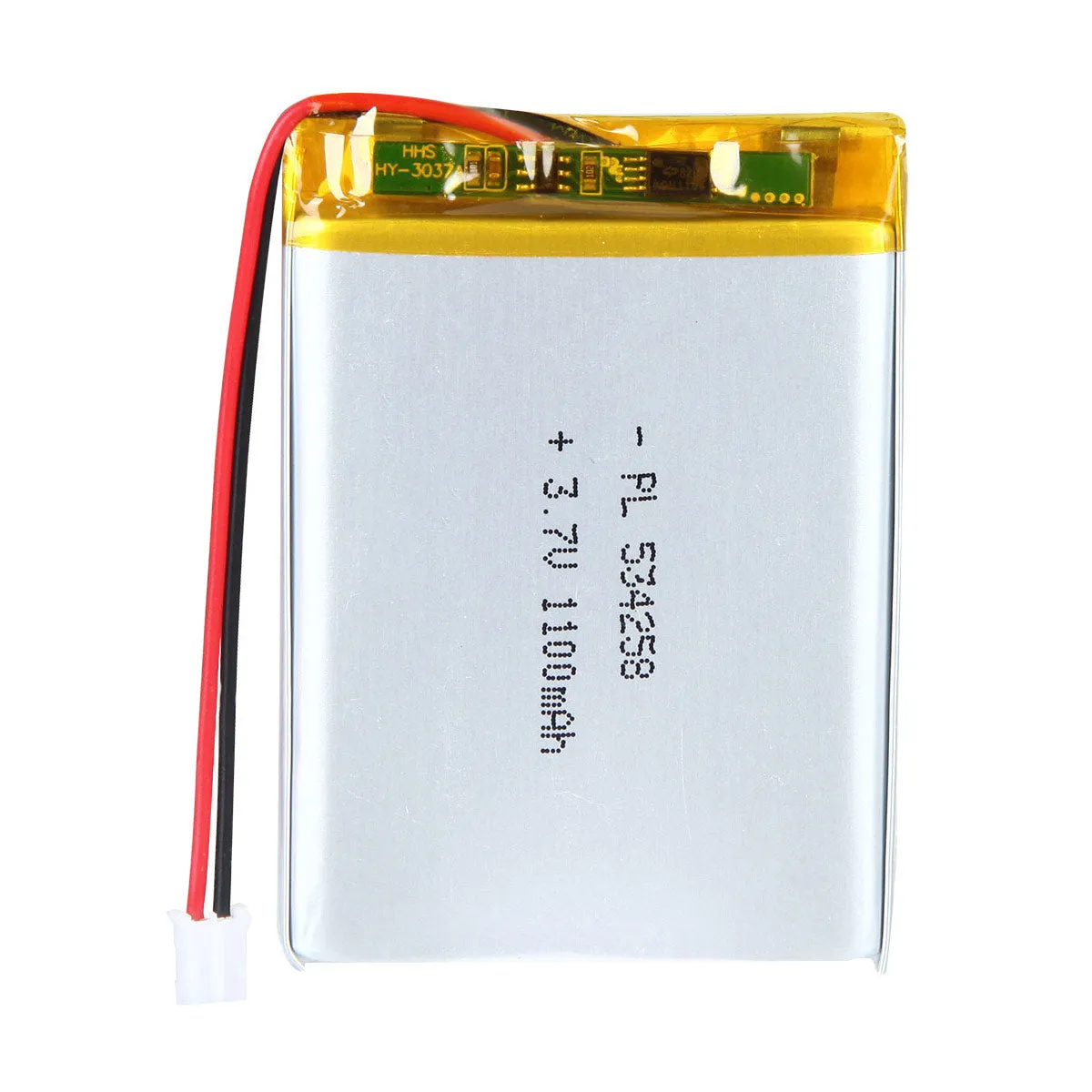 thor-534258-lithium-polymer-battery THOR 534258 3.7V 1100mAh lithium polymer battery with PCM protection, red and black lead wires, and 2-pin connector