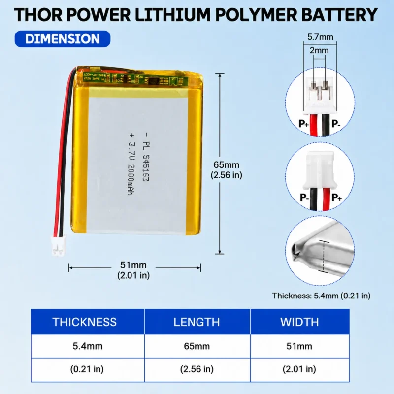 THOR 545163 3.7V 2000mAh LiPo battery dimension drawing showing T×W×L = 5.4 × 51 × 65 mm (with PCM) and 2-pin connector polarity