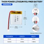 THOR 552730 3.7V 380mAh LiPo battery dimension drawing showing T×W×L = 5.5 × 27 × 32 mm (with PCM) and 2-pin connector polarity
