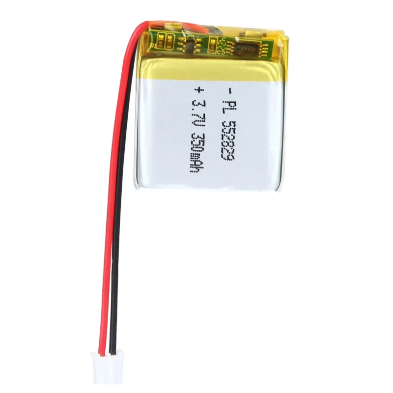 THOR 552829 3.7V 350mAh lithium polymer battery with PCM protection, red and black lead wires, and 2-pin connector