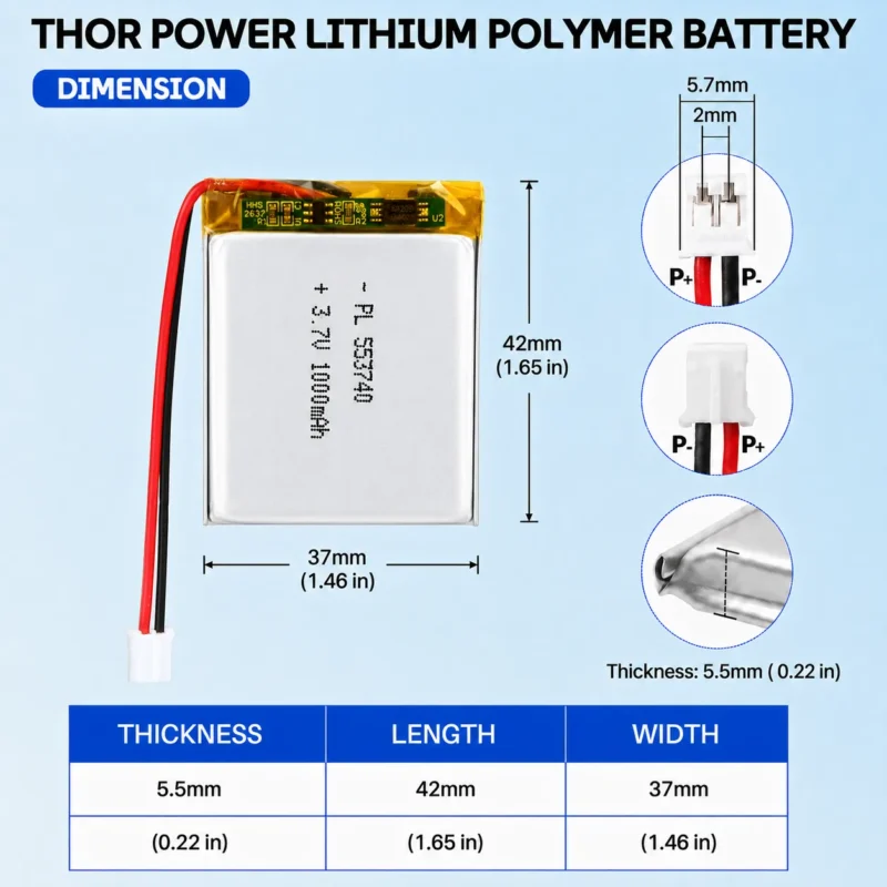 THOR 553740 3.7V 1000mAh LiPo battery dimension drawing showing T×W×L = 5.5 × 37 × 42 mm (with PCM) and 2-pin connector polarity