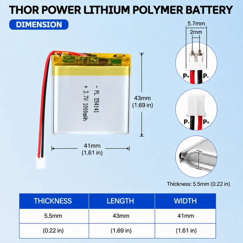 THOR 554141 3.7V 1000mAh LiPo battery dimension drawing showing T×W×L = 5.5 × 41 × 43 mm (with PCM) and 2-pin connector polarity