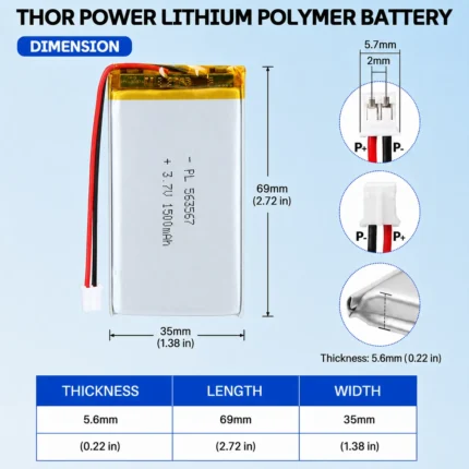 THOR 563567 3.7V 1500mAh LiPo battery dimension drawing showing T×W×L = 5.6 × 35 × 69 mm (with PCM) and 2-pin connector polarity