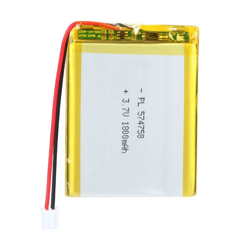 THOR 574758 3.7V 1800mAh lithium polymer battery with PCM protection, red and black lead wires, and 2-pin connector