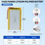 THOR 5758102 3.7V 5000mAh LiPo battery dimension drawing showing T×W×L = 5.7 × 58 × 104 mm (with PCM) and 2-pin connector polarity