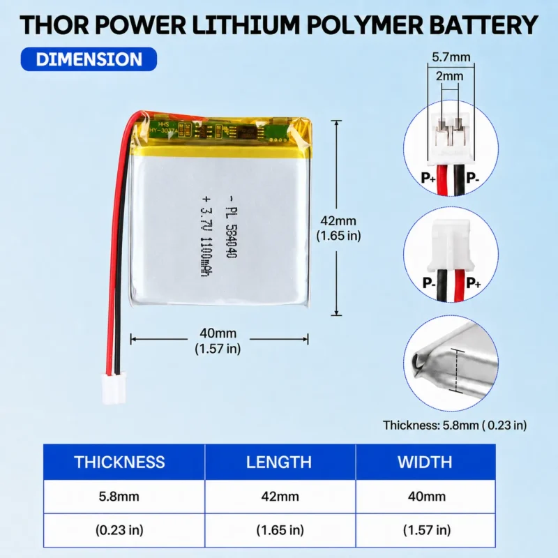THOR 584040 3.7V 1100mAh LiPo battery dimension drawing showing T×W×L = 5.8 × 40 × 42 mm (with PCM) and 2-pin connector polarity